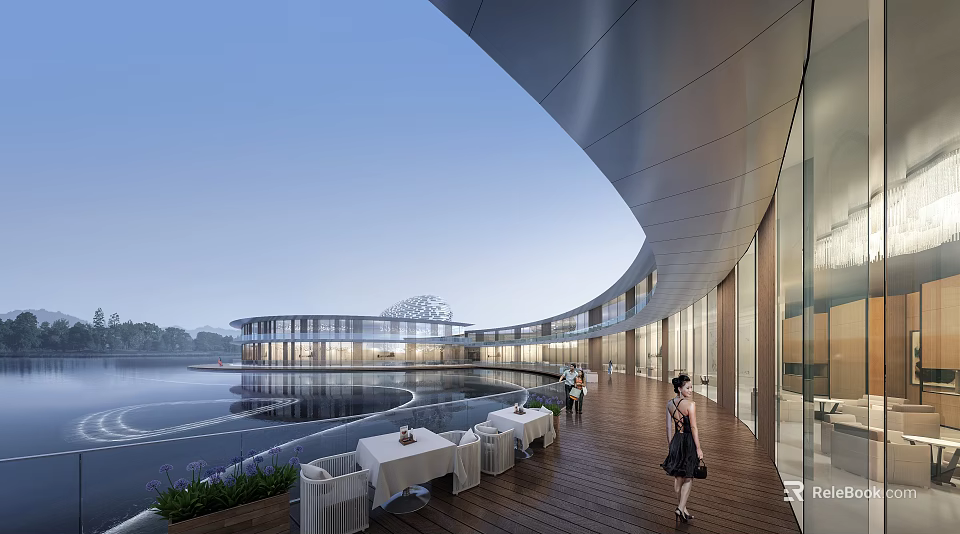 Modern Commercial Street Featuring Curved Architecture Waterfront Deck Outdoor Seating And Pedestrians 3d model